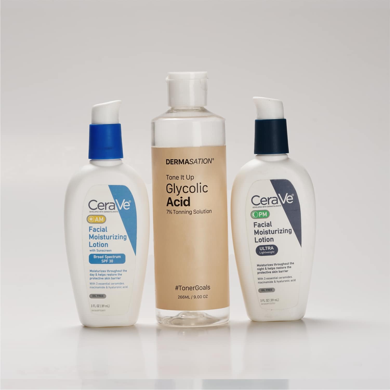 DS Glycolic Acid 7% Toning Solution 266ML & CeraVe AM Facial Moisturizing Lotion SPF 30 & CeraVe PM Facial Moisturizing Lotion 89ML