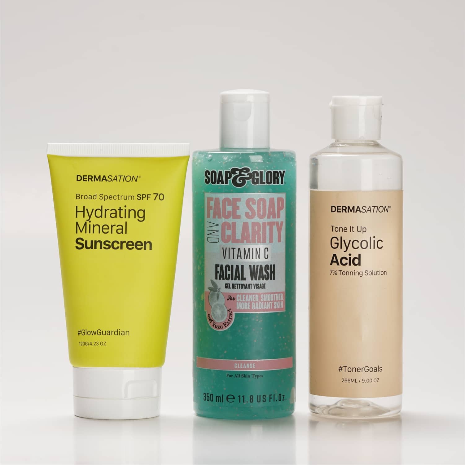 Face Soap & Clarity Vitamin C Face Wash 350ML & DS Glycolic Acid 7% Toning Solution 266ML & DS Hydrating Mineral Sun Screen SPF 70